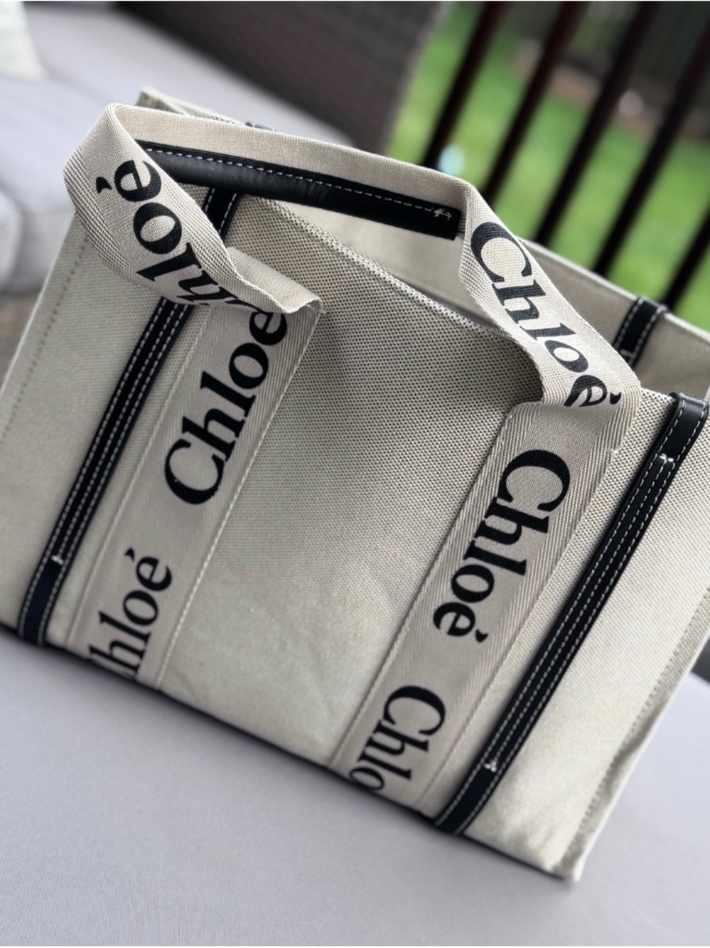 Canvas Tote Bag in Ivory with Black Trim